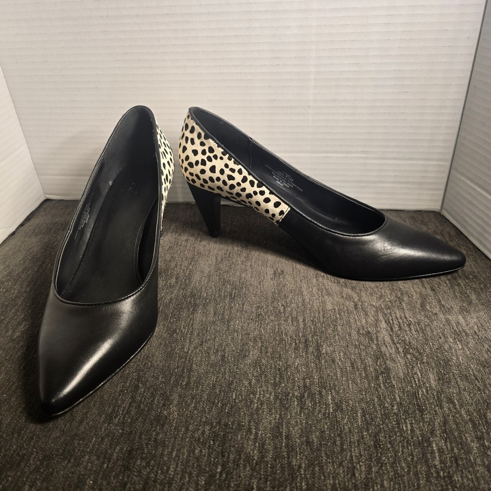 LOGO by Lori Goldstein Linda Black Leather Hair Calf Cheetah Pumps Size 9.5M
